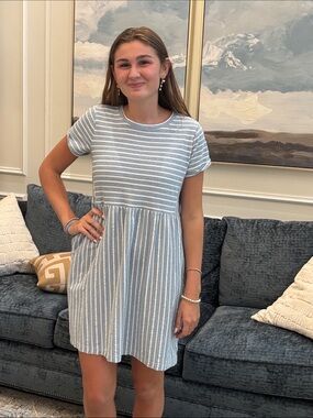 Striped Short Sleeve Babydoll Dress - Light Blue & White- Loft